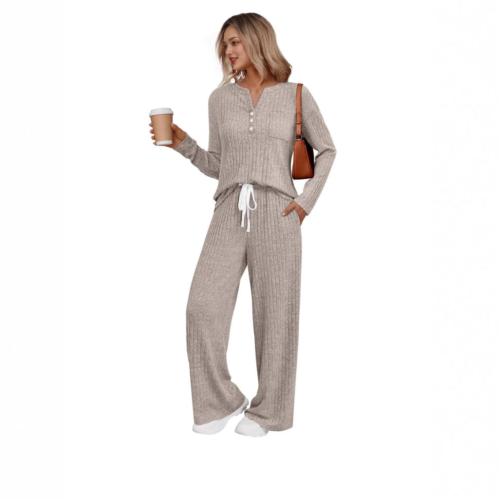 Women's V-neck striped knit long coat with lace-up details and matching pants in light grey colour