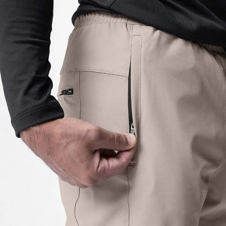 Men's grey quick-dry running pants with ankle-tied cuffs for fitness workouts