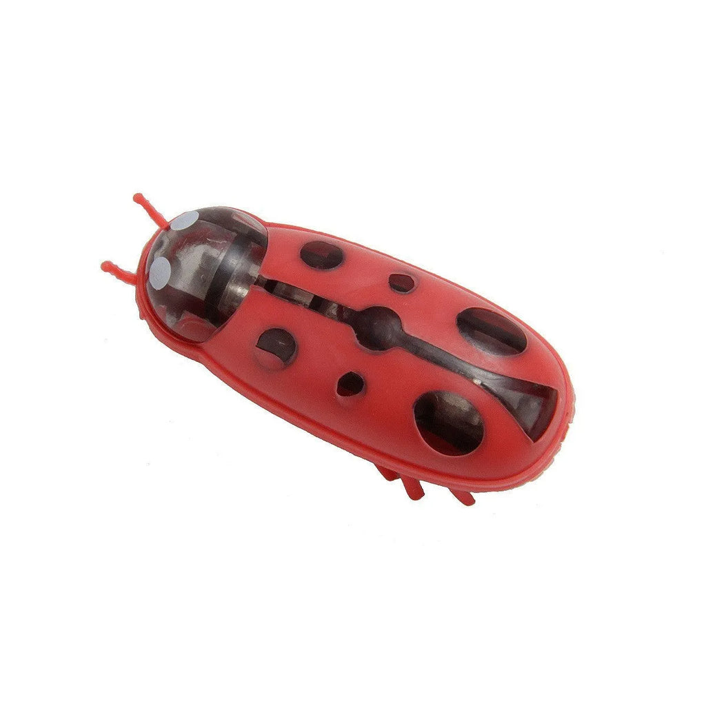 Small red ladybird-shaped electric cat toy with multiple legs on a hardwood floor
