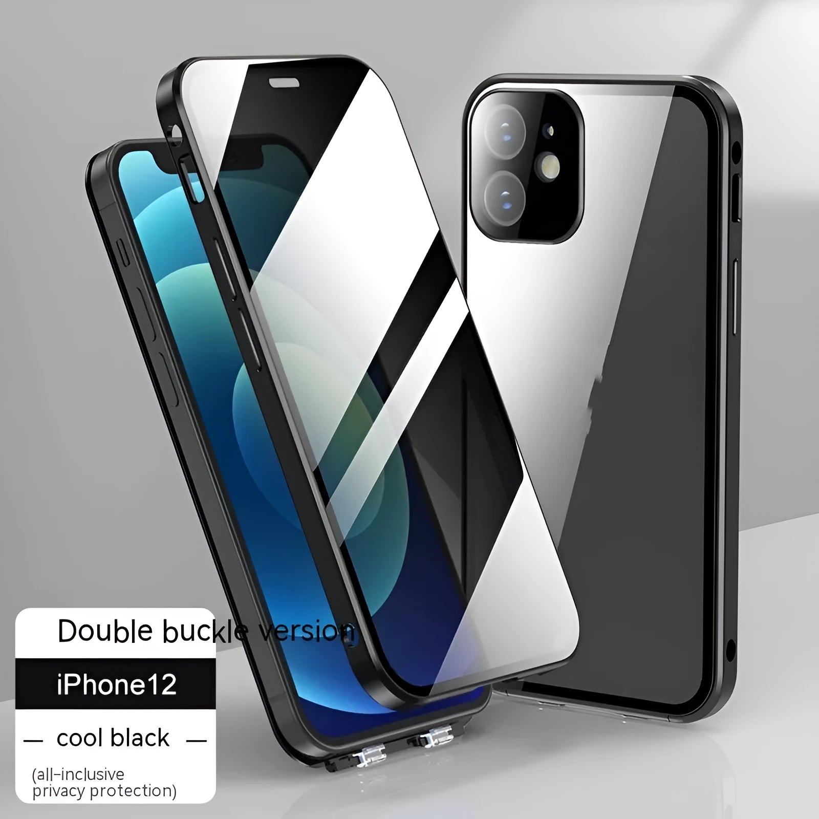 Double-sided buckle glass privacy phone case for iPhone in black, blue, gold, green, or silver