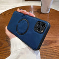 Black imitation leather magnetic charging case for iPhone showing magnetic ring and business styling