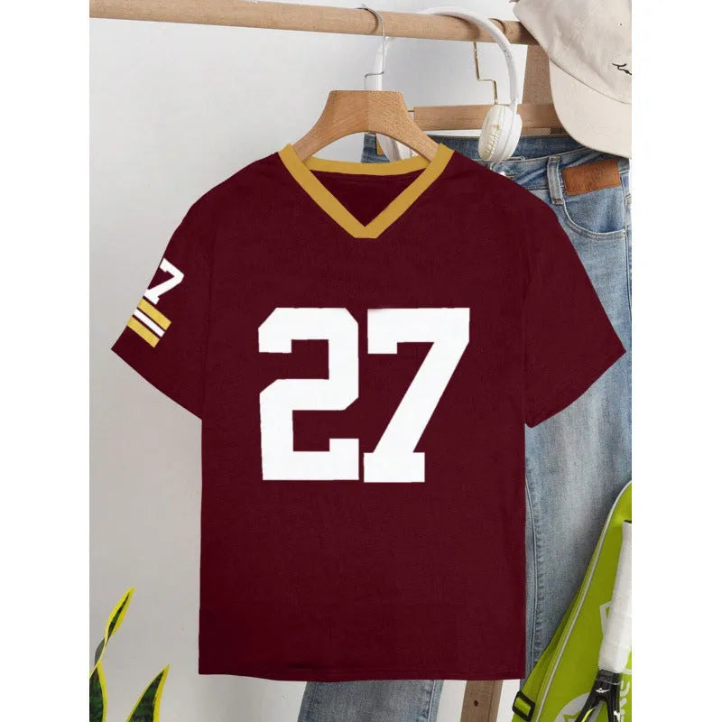 Red or green loose fit cotton t-shirt with digital print letter design and short sleeves