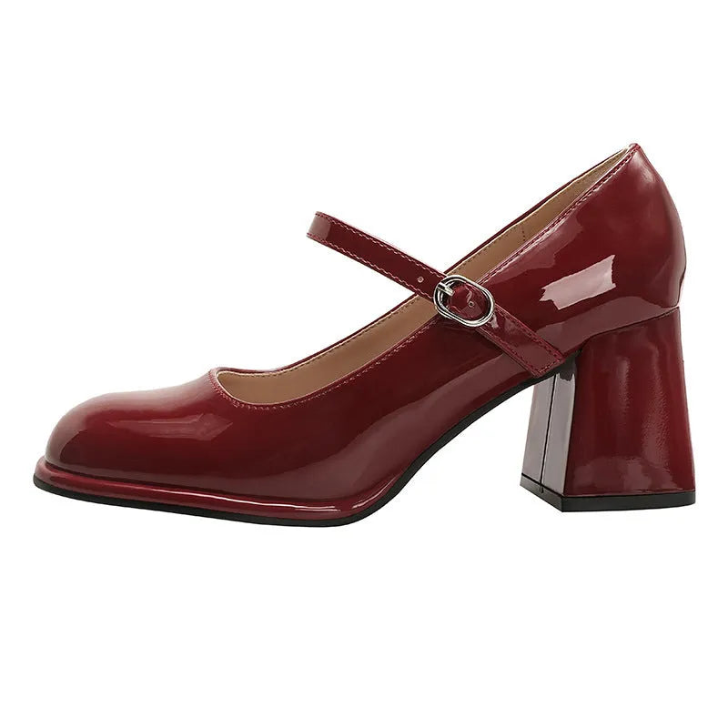 Women's one-strap high heels with thick 7cm heel, round toe, patent leather upper, available in wine red, apricot, black, sizes 35-45.