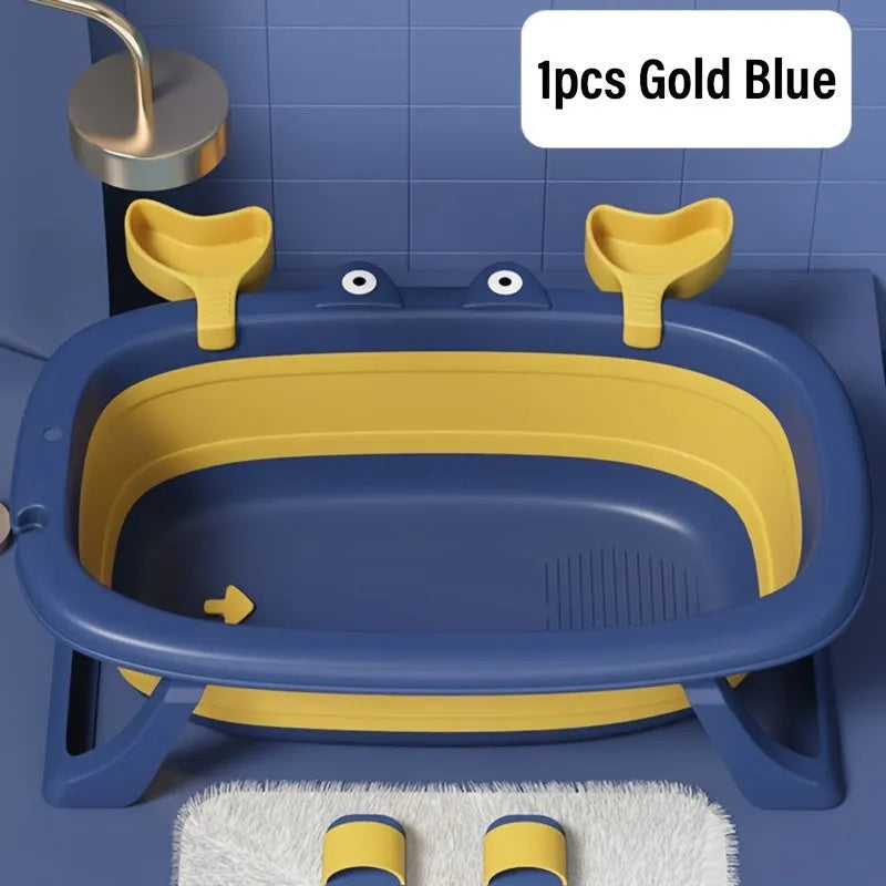 Blue foldable plastic pet bath tub for small dogs and cats on a plain background.