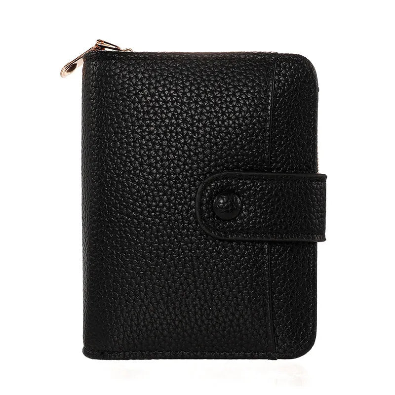 Beige women's short PU wallet with lychee pattern and visible stitching