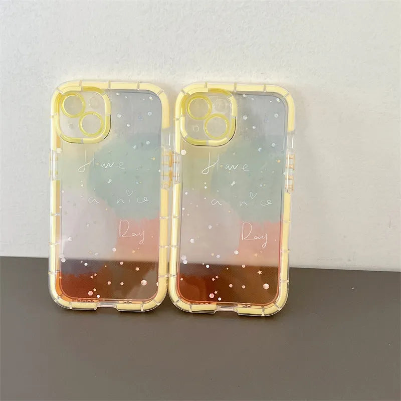 Slim minimalist silicone iPhone case with a yellow edge trim on a table.