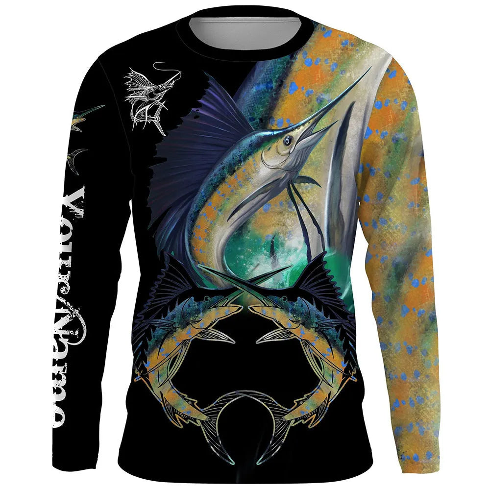 Men's grey milk silk pullover with a blue fish print design on the chest, featuring long sleeves and a round neck.
