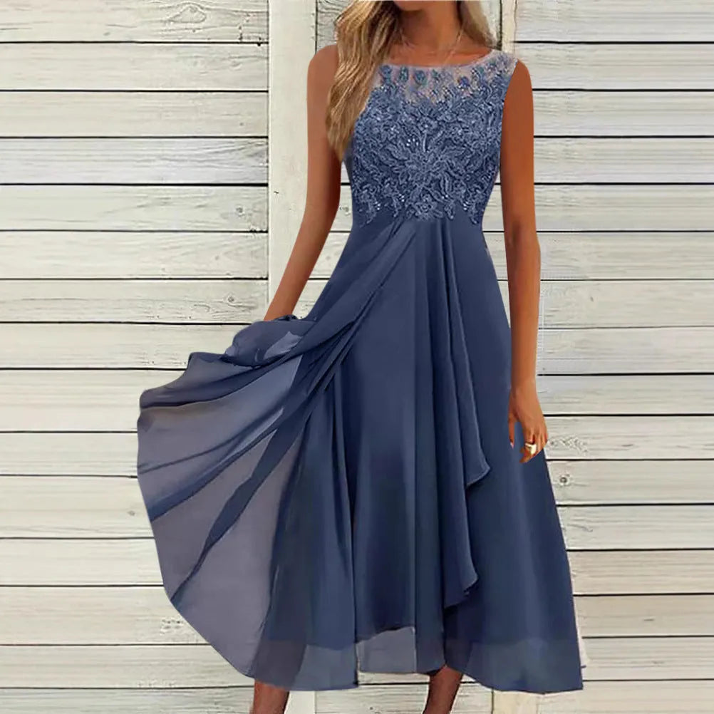 Women's sleeveless chiffon dress with lace hollow-out stitching in fresh sweet princess style