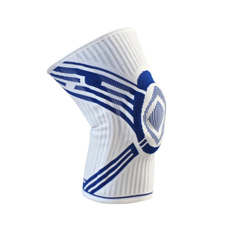 Blue high elasticity cotton knee pad for sports on an adult knee.