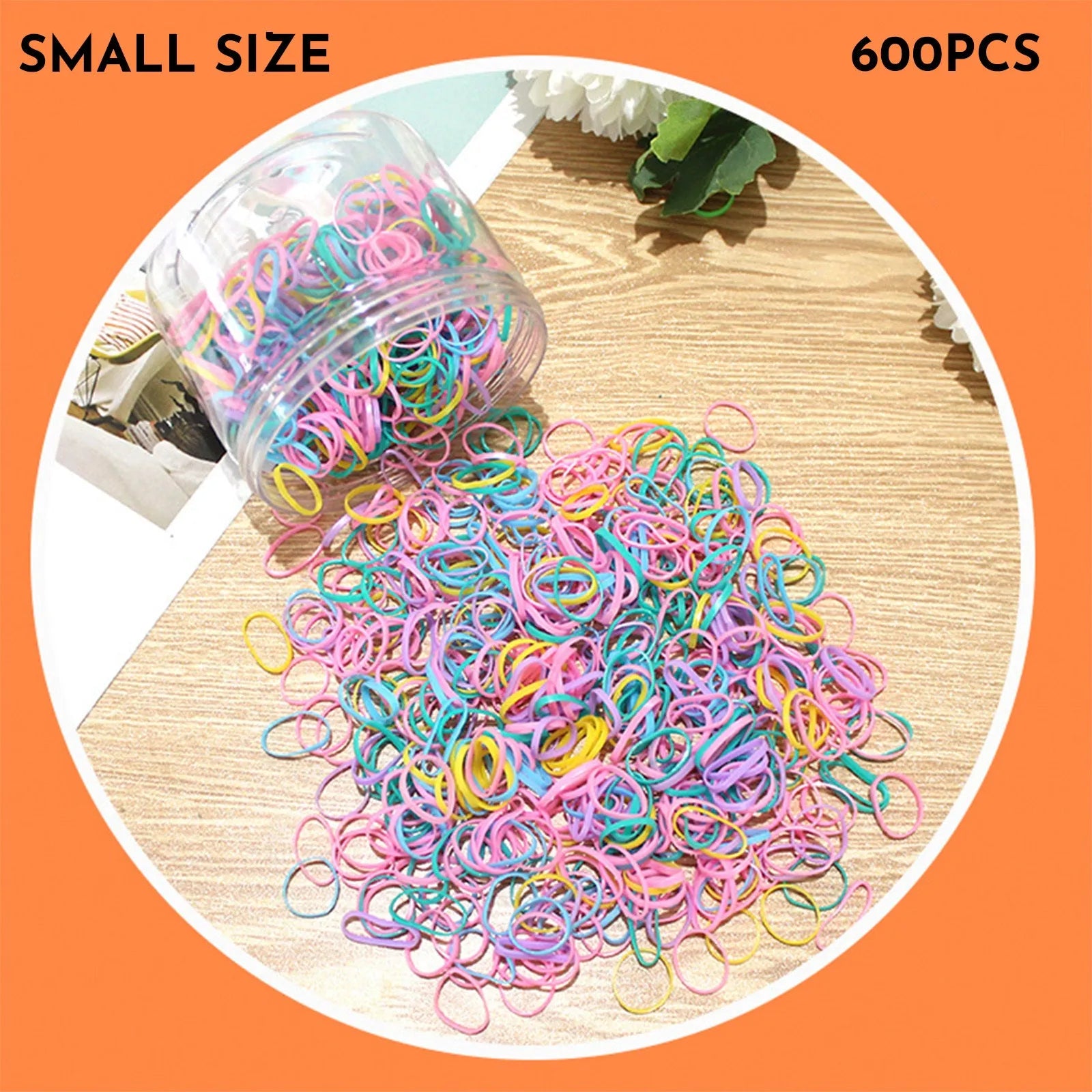 Multi-colour TPU baby hair bands in a reusable container, 300 or 600 piece pack.