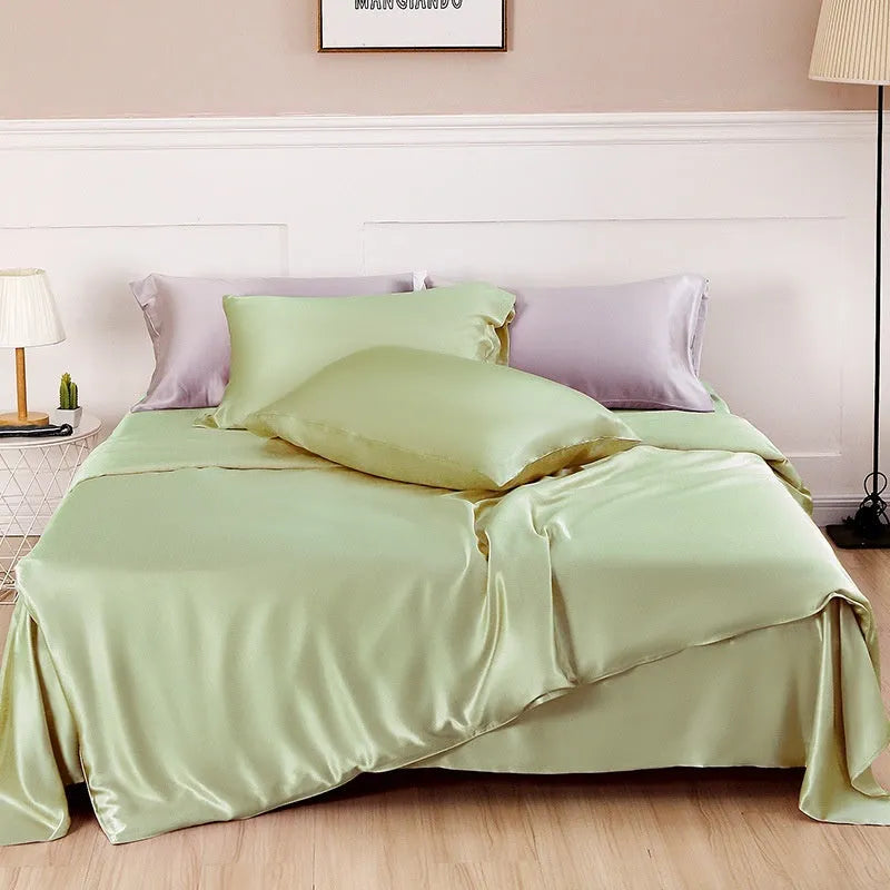 Solid colour silk duvet cover in lotus pink, pea green, bright brown, mysterious purple, white, and silver blue.