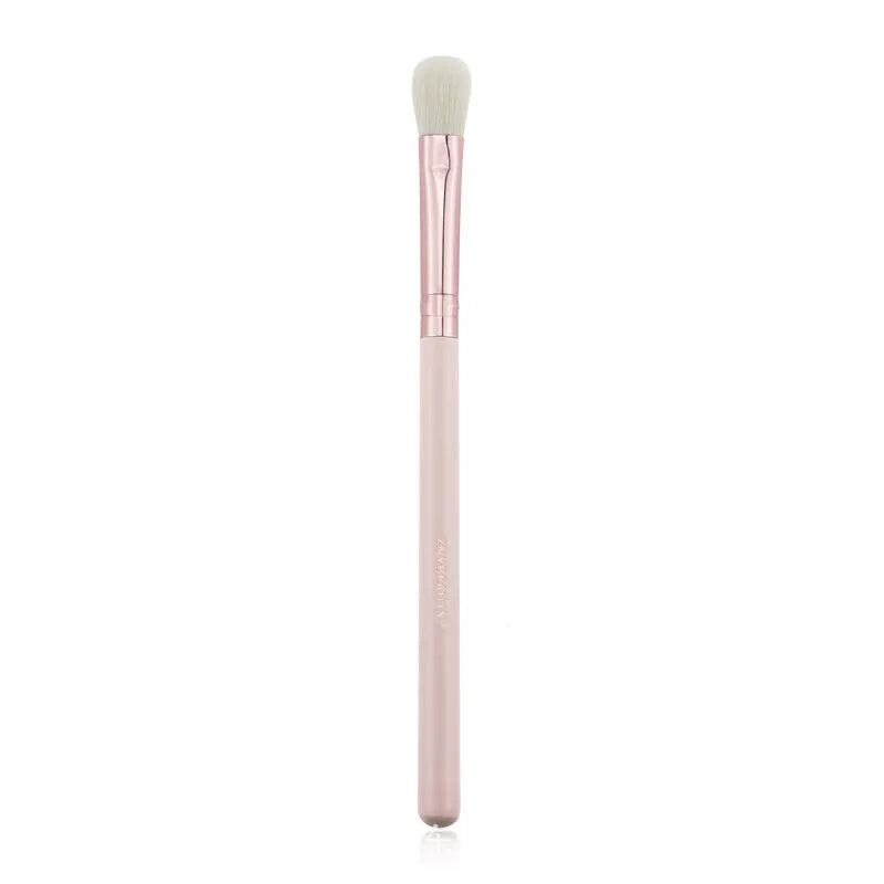 26-piece pink makeup brush set with wooden handles and a grey PU storage case, arranged open.