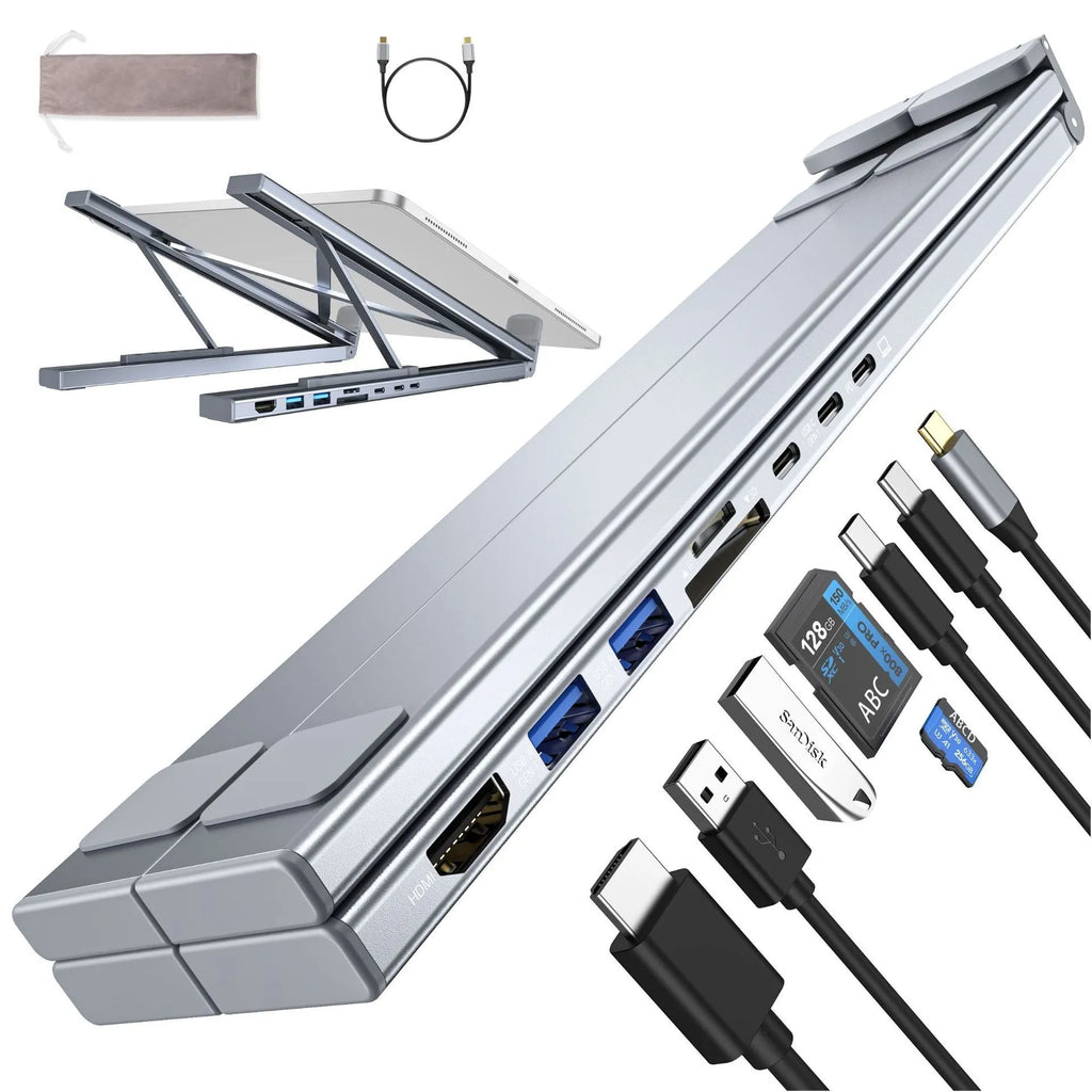 Aluminium alloy folding laptop stand with built-in 8-in-1 multi-interface HDMI docking hub.