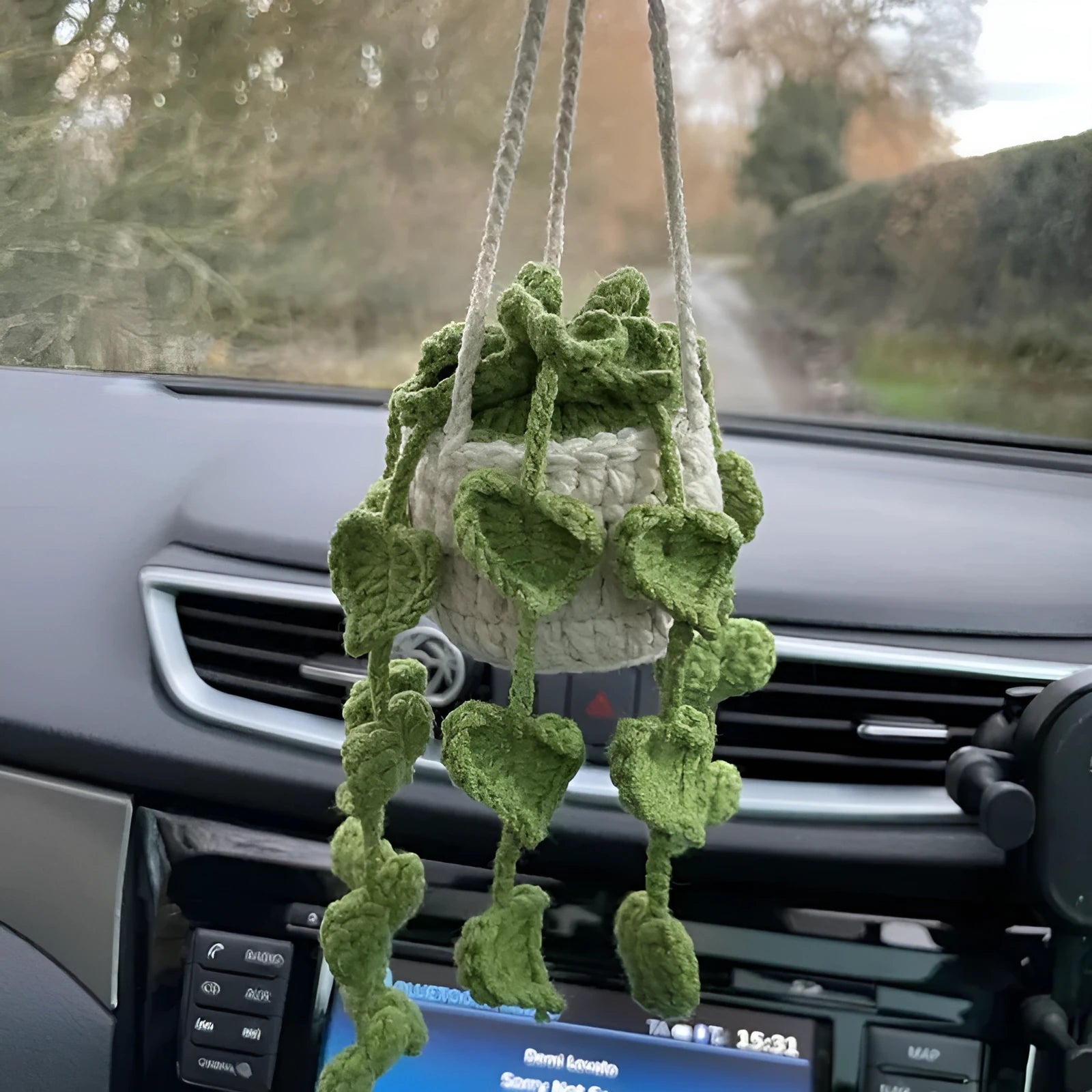 Green and white knitted wool car plant decoration basket with white hanging cord.