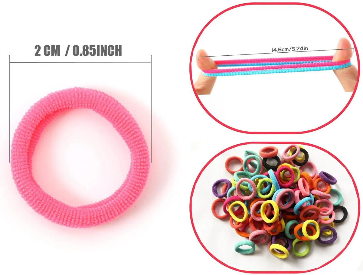 100 multicolour seamless cotton toddler hair ties in small jar packaging