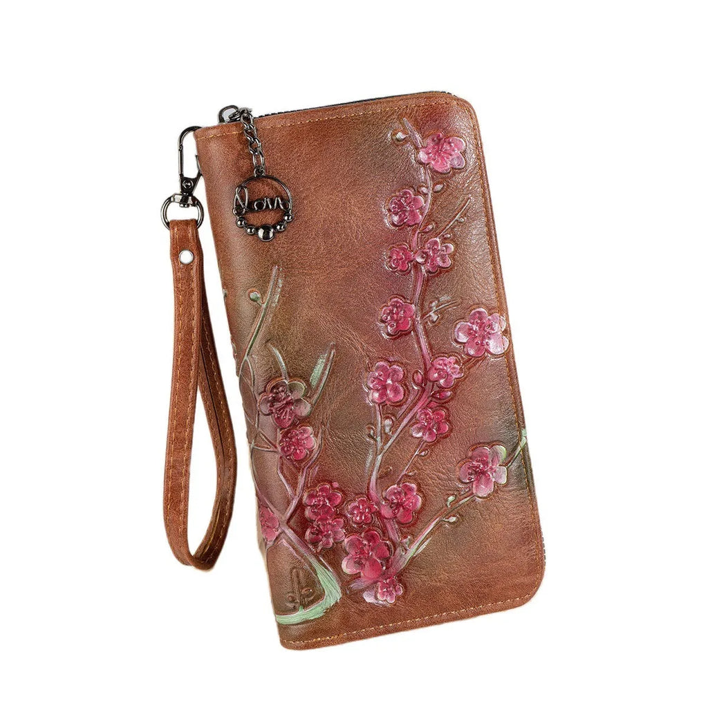 Embossed floral pattern Chinese style handbag with zipper closure in black, brown or coffee