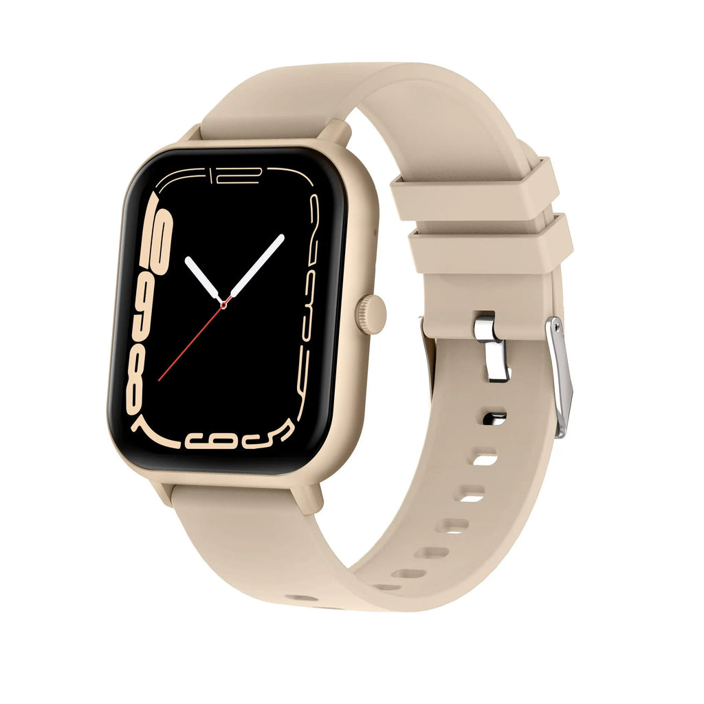 Black Bluetooth smart watch with AI voice control and heart rate monitoring on a wrist.