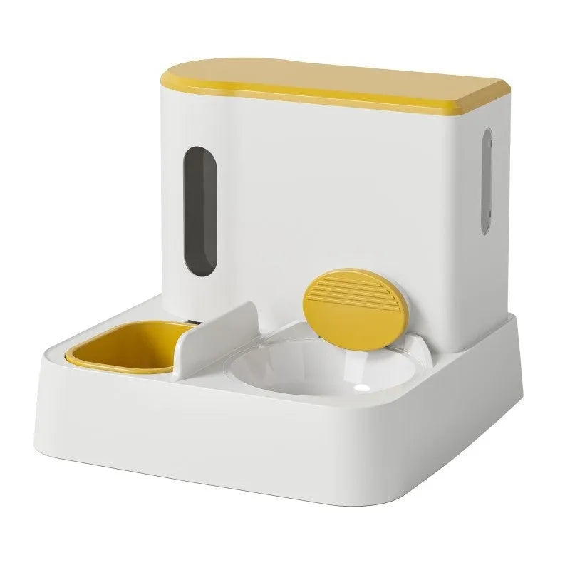 Automatic cat feeder and water dispenser with integrated double bowl in grey, green or yellow colours