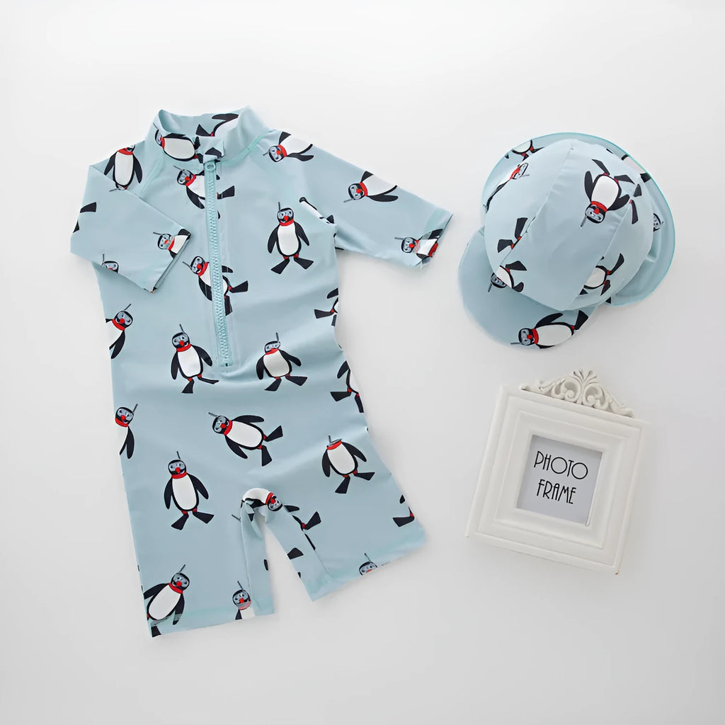 Boy's penguin print long sleeve swimsuit set with swimming cap for sun protection