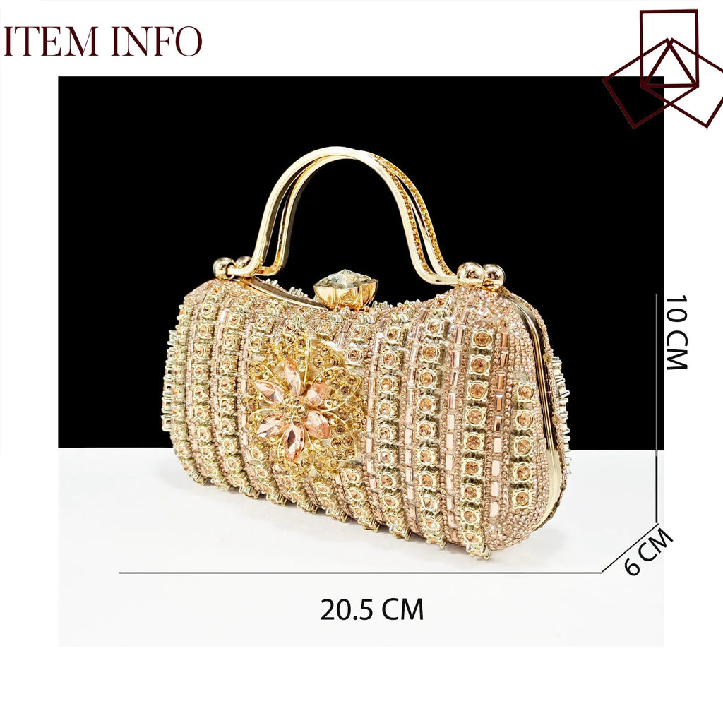 Women's black high heel sandal with rhinestone flower decoration and ankle chain, shown with matching clutch bag