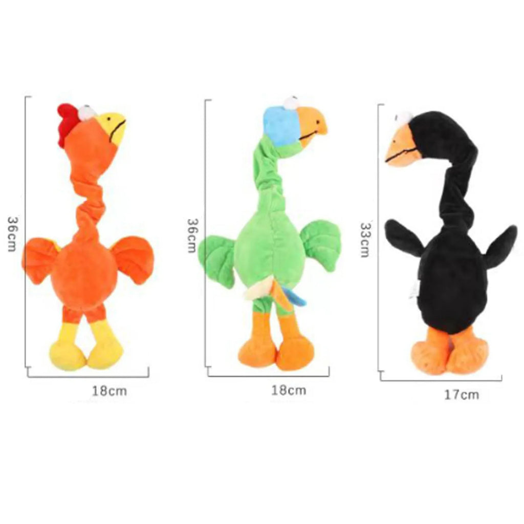 Chicken-shaped rubber dog toy producing screaming and squeaky sounds