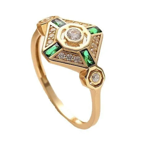 Square geometric emerald colour ring for women in electroplated Lvzuan finish