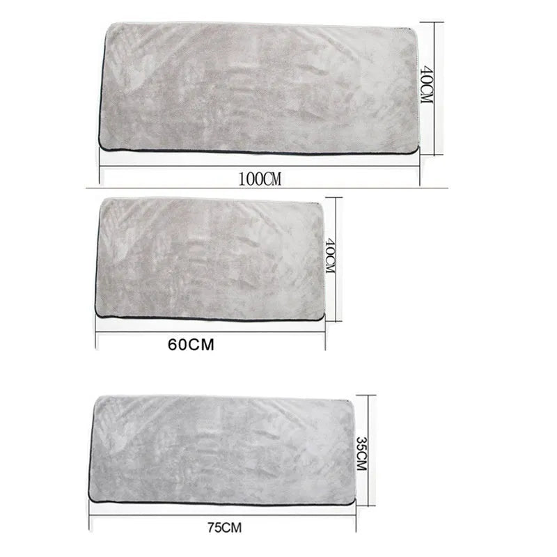 Microfiber car wash drying towel shown in three size options: 75x35cm, 60x40cm, and 100x40cm