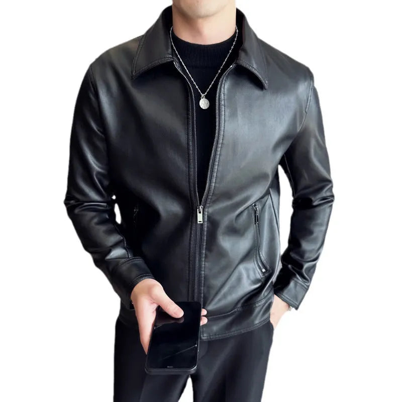 Men's black PU leather casual jacket with zipper pockets shown on a model.