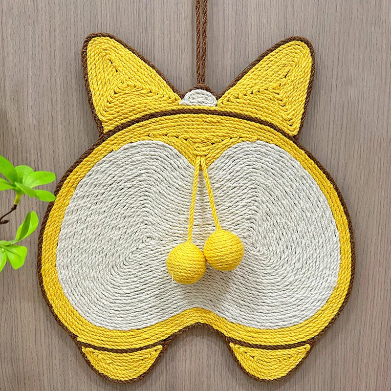Yellow Corgi butt design sisal cat scratching pad with anti-slip base and wall mounting hooks