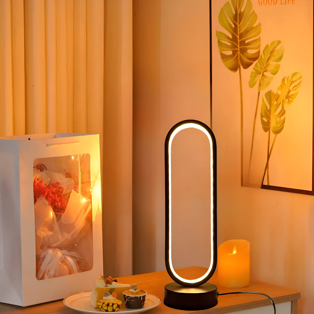 Black and white USB LED wall light with ring design, acrylic and iron body, dimmable three-colour plug for living room or bedroom