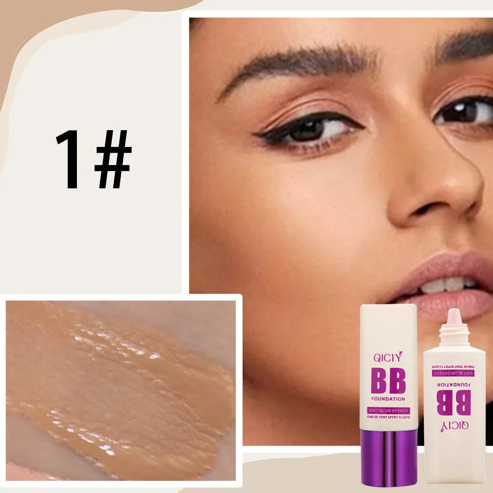 Squeezable plastic bottle of brightening BB cream liquid foundation in one of ten available shades.