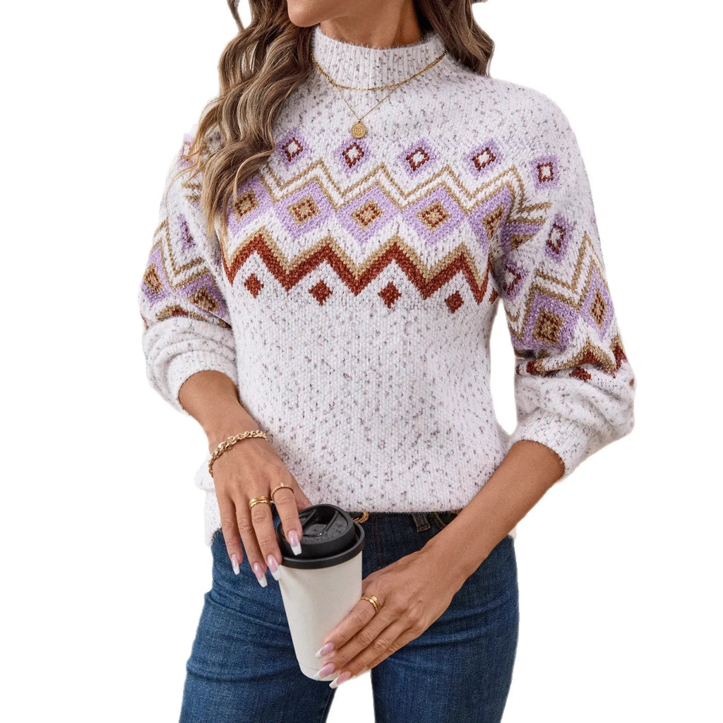 White geometric pattern half turtleneck jacquard sweater with loose fit and regular sleeves