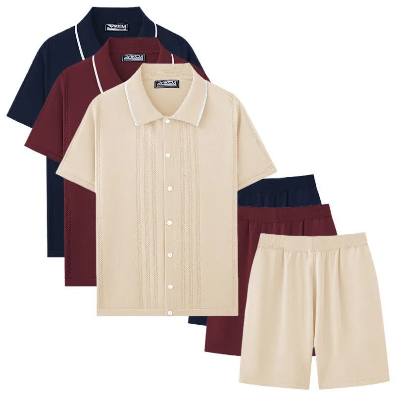 Business casual knitted two-piece set with short sleeve top and shorts in multiple colours
