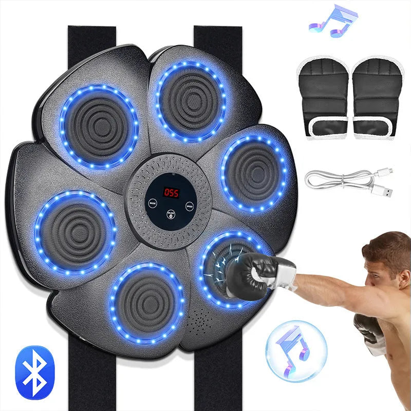 Black smart boxing target with LED lights and Bluetooth connectivity for indoor training