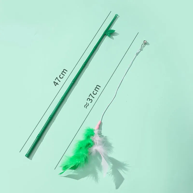 Green interactive cat feather wand toy with bell attachment and a comfortable grip handle.