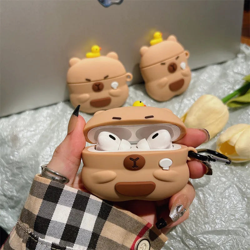Silicone AirPods cover with overhead duck capybara design in soft shell cartoon style