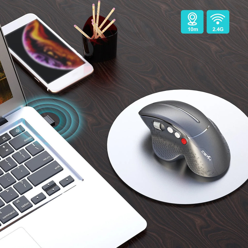 T32 black vertical wireless ergonomic mouse with aluminium side roller wheel on a desk