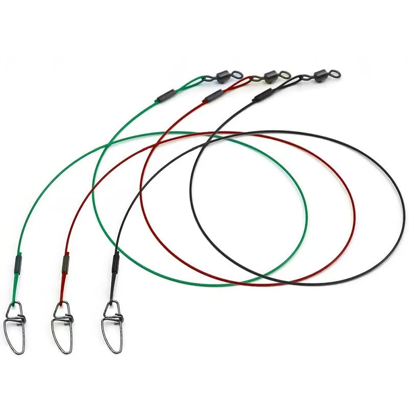 Set of 10 green steel wire double buckle fishing bite leaders showing 54cm length