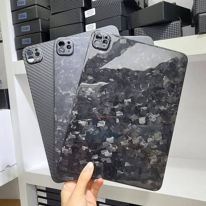Carbon fibre protective cover for iPad Pro 11 showing embossed plaid texture