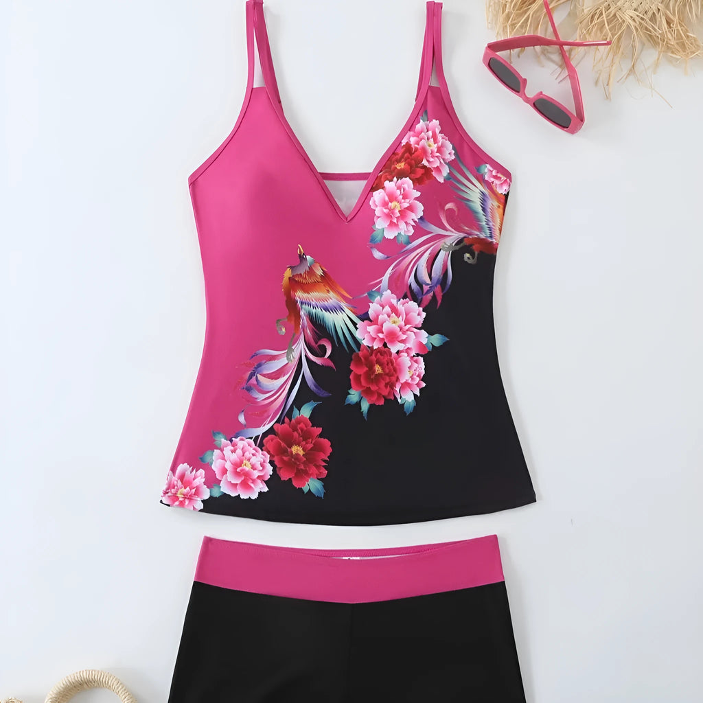 Plus size women's printed two-piece swimsuit set in Black or Rose Red with briefs style.