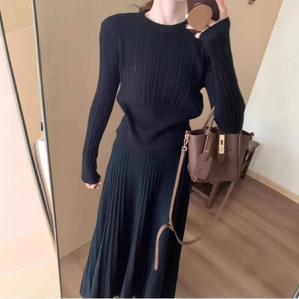Women's dark grey knitted dress suit set with ethnic collage stitching on sweater and skirt