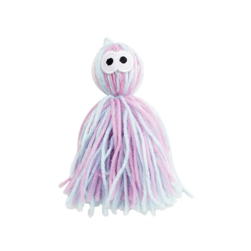 Set of four hanging wool ball cat toys with plastic teaser sticks in blue grey, pink and blue, and pink purple colours