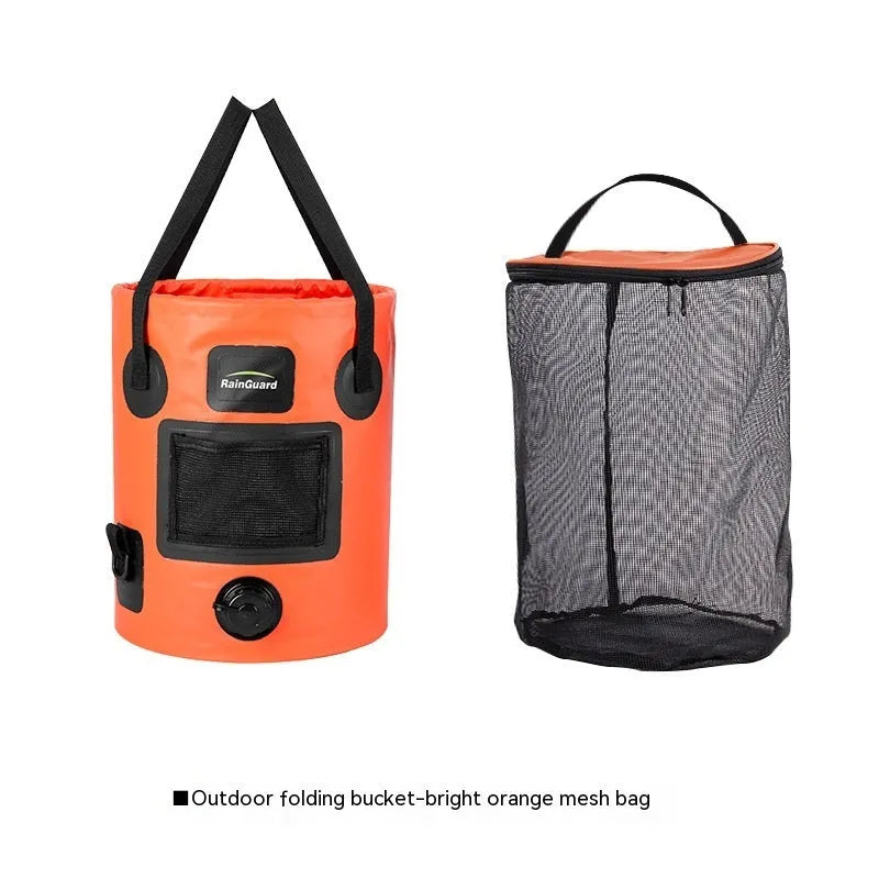 Lemon yellow 25-litre plastic folding fishing bucket showing its collapsible design and optional mesh pocket.