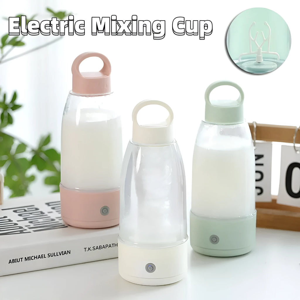 Automatic electric shaker bottle with USB port, handle, and blending motor in green, pink or white.