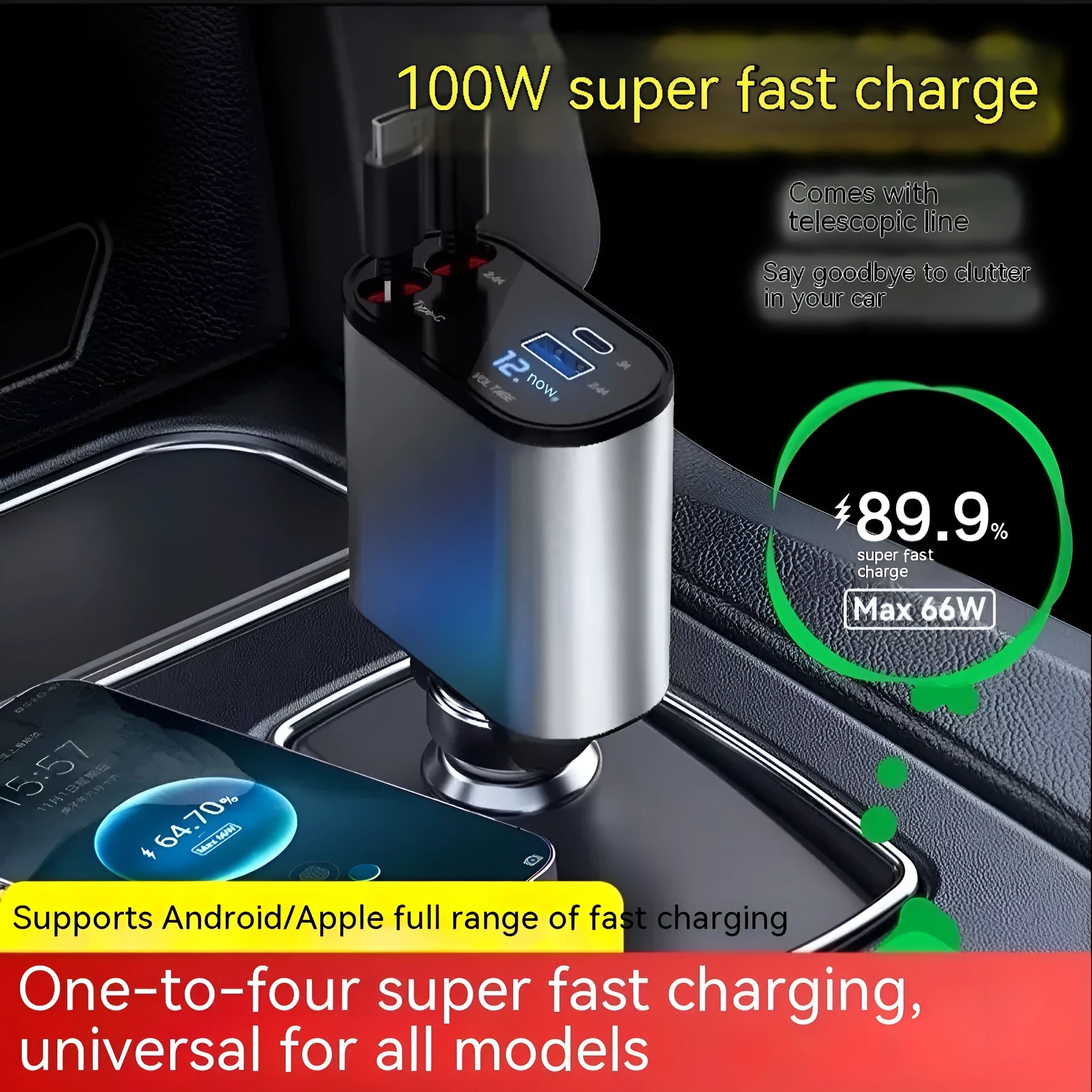 Black automatic retractable car charger with USB ports for Apple and Huawei devices