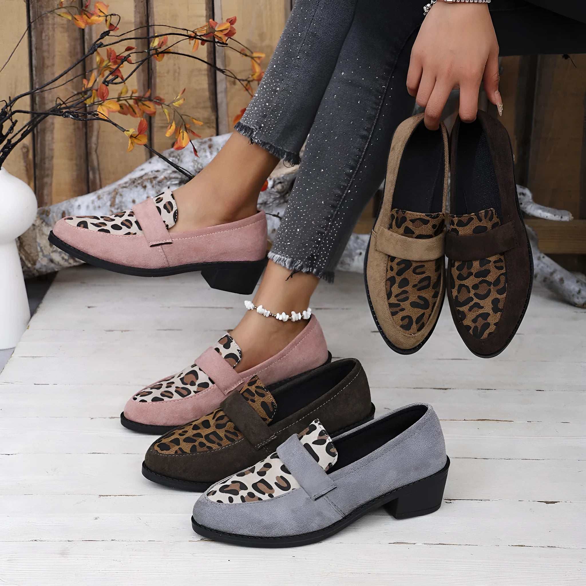 Women's leopard print suede slip-on shoes with chunky mid-heel in brown colour