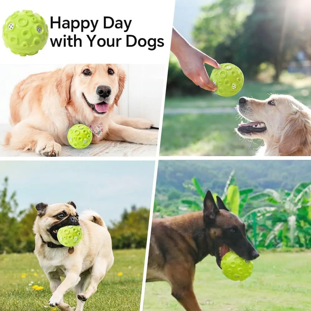 Colourful natural rubber dog chew ball with textured surface and meteorite-shaped bumps