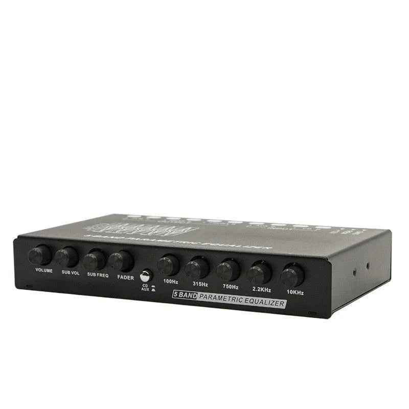 Black car audio EQ tuning amplifier with control knobs for subwoofer and seven-band equaliser.