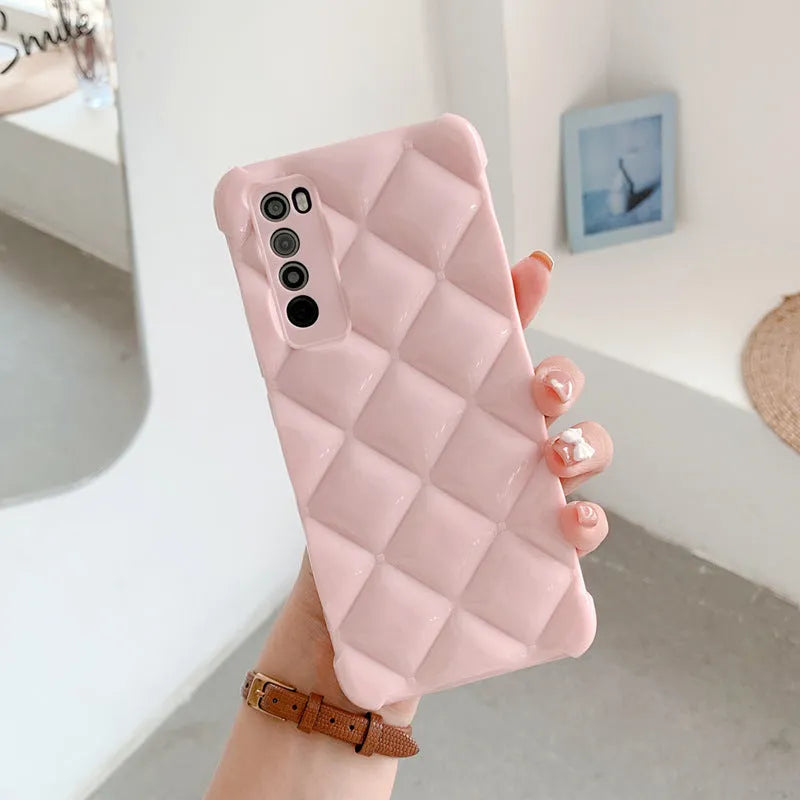 A solid colour silicone back cover case for a Huawei mobile phone, shown in black, green, pink, and white colour options.