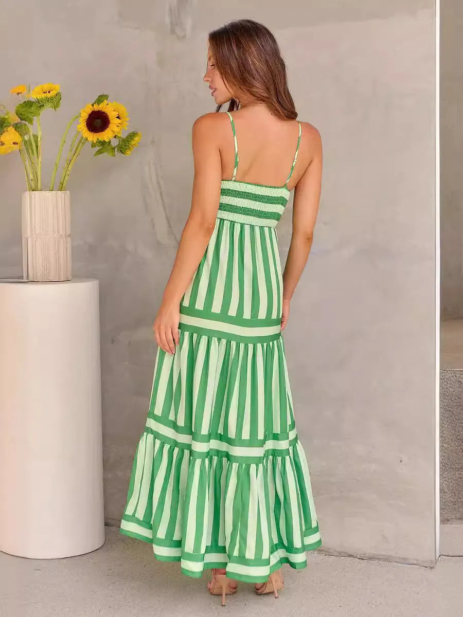Women's striped backless summer dress with square neck, suspender straps, and side pockets.